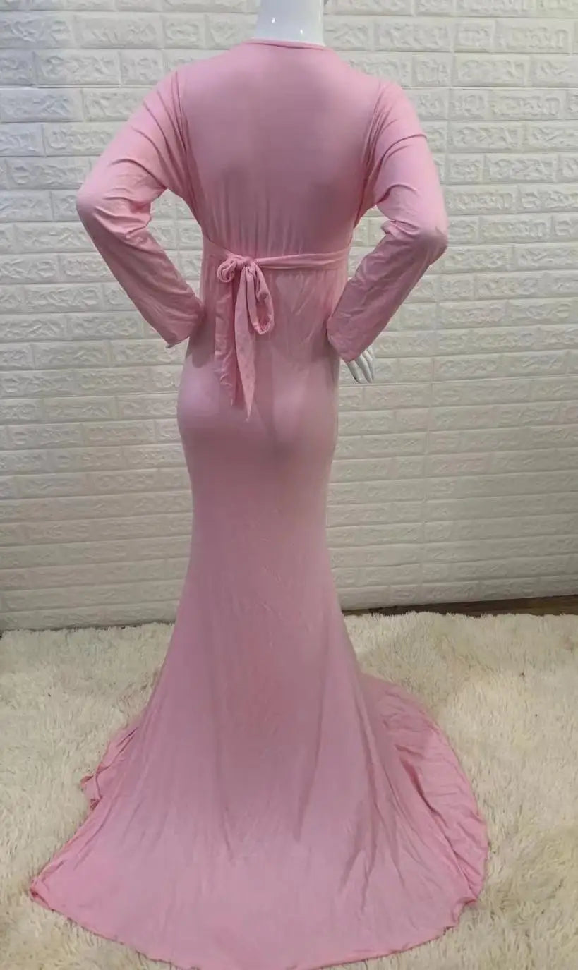 Women's Spring Autumn Maternity Dress Elegant Slim V-Neck Long Sleeve Mermaid Maxi Gowns for Photography Baby Shower Photoshoot