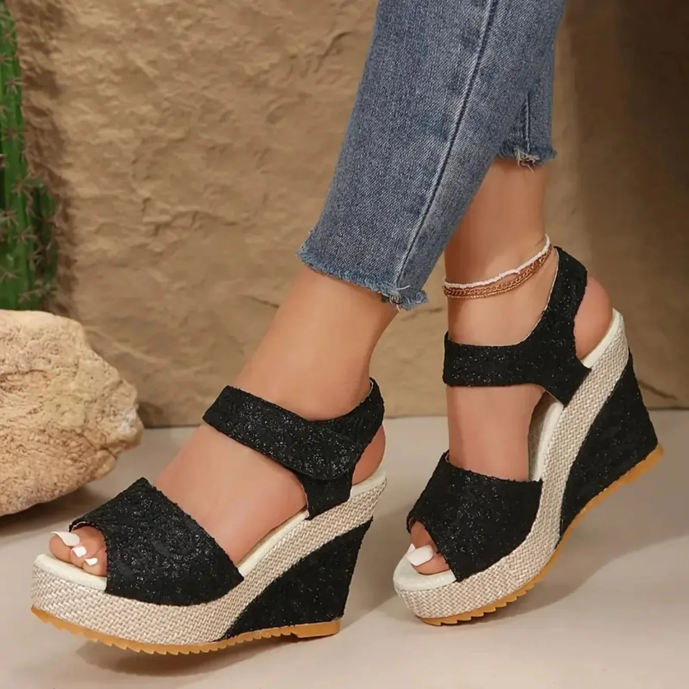 CNMR Damen Keilsandalen 2025 - Peep Toe Plateau Sandalen mit Absatz