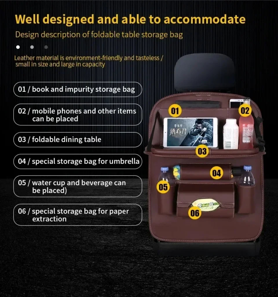 Seat Back Organizer Big Hanging Car Seat Storage Bag Garbage with Foldable Dining Tray Bin Capacity Multifunctional Trunk Back