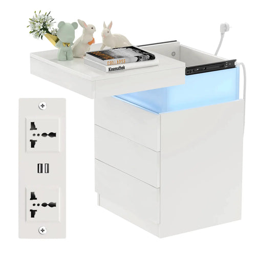 Nachttisch mit Ladestation und LED-Beleuchtung, Nachttisch mit Schiebedeckel für Schlafzimmer, Nachttisch mit Schubladen, modernes Design