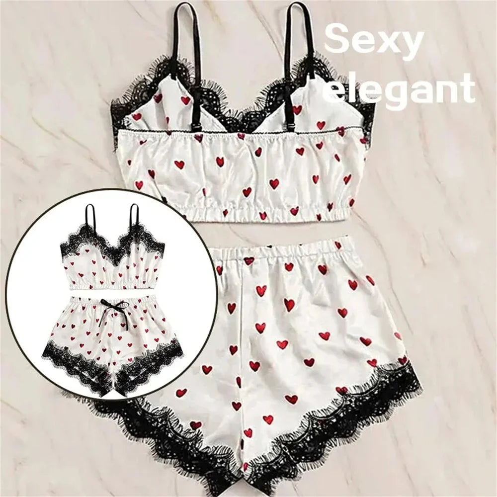 Pyjama-Set 2025: 2PCS Pajama Suit Women Fashion V-Neck Stretch Satin Lace - Sexy Lingerie Bowknot Pyjamas Sleep Shorts Set Sleepwear Sling Set New Collection