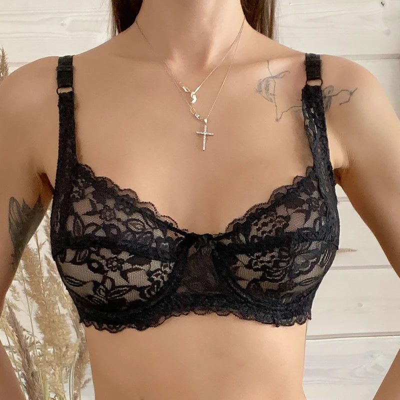 BH 2025: ALLTOOALL Plus Size Lace Push Up Bra Women Sexy Hollow Out Lingerie - Lady Lace Transparent Underwear Female Embroidery Solid Bra Collection