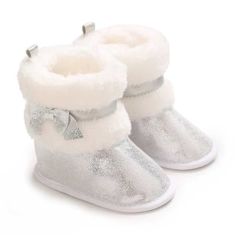 Baby-Schneestiefel für Mädchen, 2025, Winter, neue Baby-Baumwollschuhe, Mädchenmode, glänzende kurze Stiefel mit dicken Samt-Baumwollstiefeln