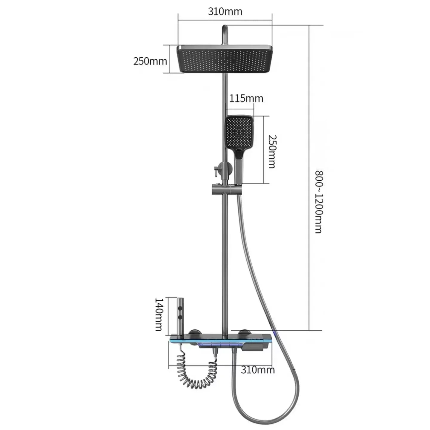 Goy Duschset LED Anzeige - Durchfluss 8 L Leistung 9 W Maße 1200x200