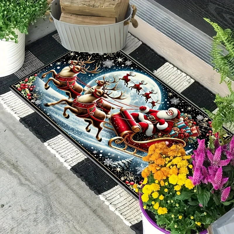 1PC Christmas Decorations Santa Claus and Reindeer Mat Mat Suitable for Home Entrance, Kitchen, Living Room, Bedroom