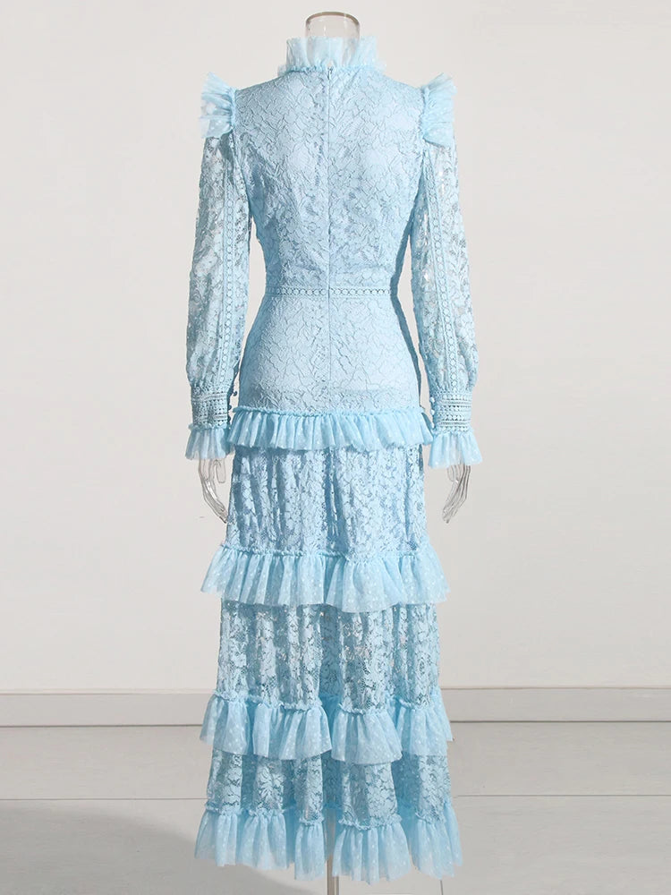 TWOTWINSTYLE Elegant Dresses For Women Stand Collar Long Sleeve High Waist Embroidery Slim Dress Female Fashion Clothing 2023