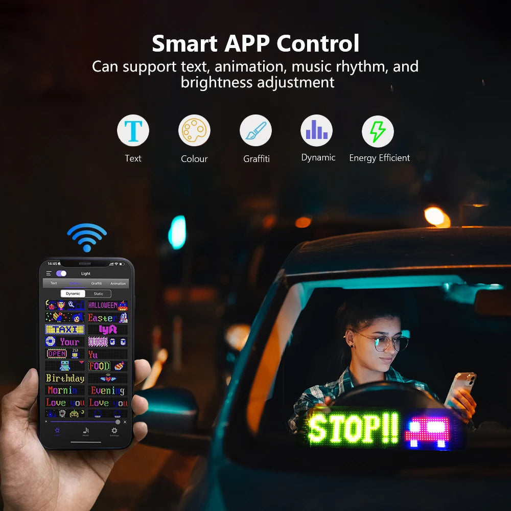 LED-Matrix-Pixel-Panel, Scrollendes Helliges Werbe-LED-Schild, Flexibles USB 5V LED-Auto-Schild Bluetooth-App-Steuerung