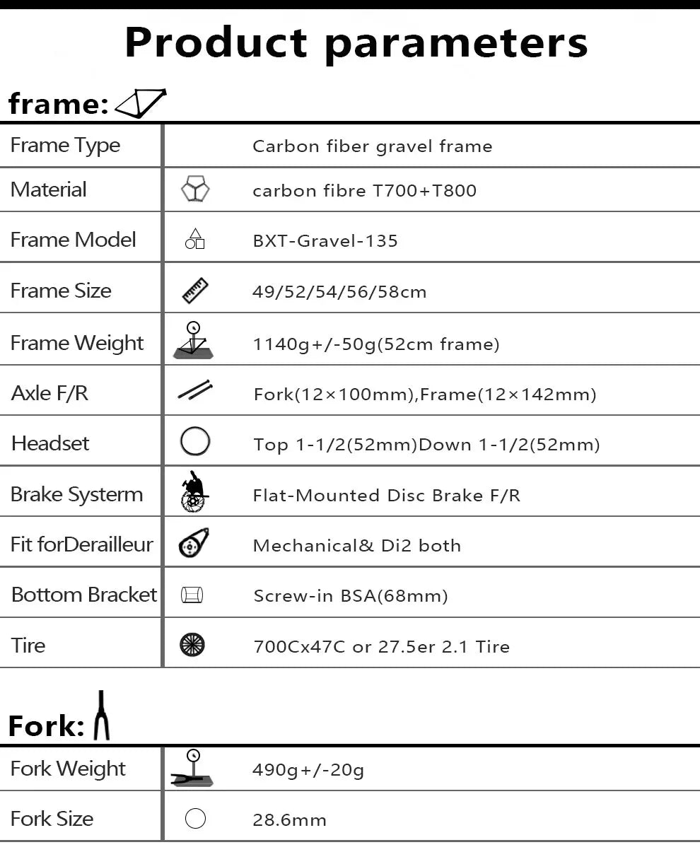 BXT Carbon Gravel Bike Frame Fully Hidden Cable Carbon Frame Fork Thru Axle Gravel Disc Brake Carbon MTB Road Bicycle Frame 27.5