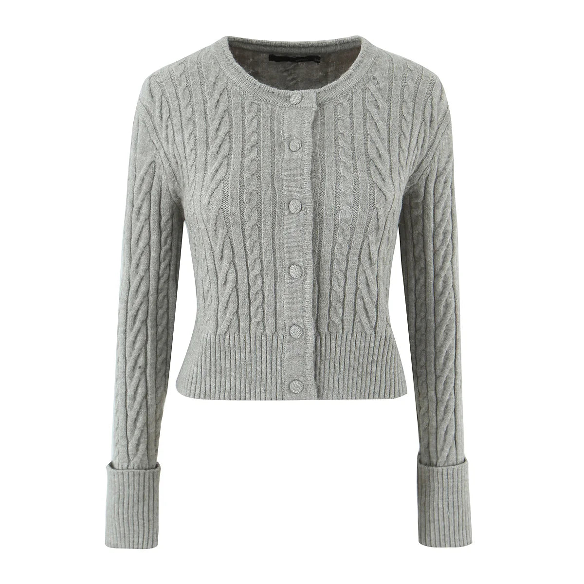 ZJOAN SHOWCN O-Neck Cardigan Set - Knopfverschluss Kurzrock Elastischer Bund Grau Khaki Größe Regular Extra-Heavy