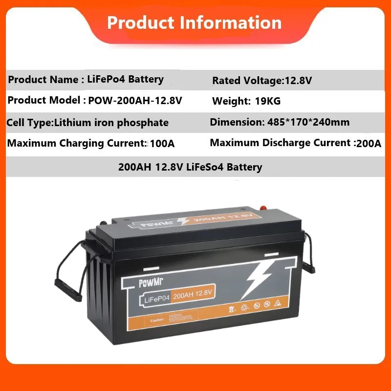 PowMr 12,8V 200AH LiFePO4-Batterie wiederaufladbar Grade A-Zellen 2560WH eingebauter BMS 6000+ Zyklus Heim-Lithium-Batterie-Energiespeicher