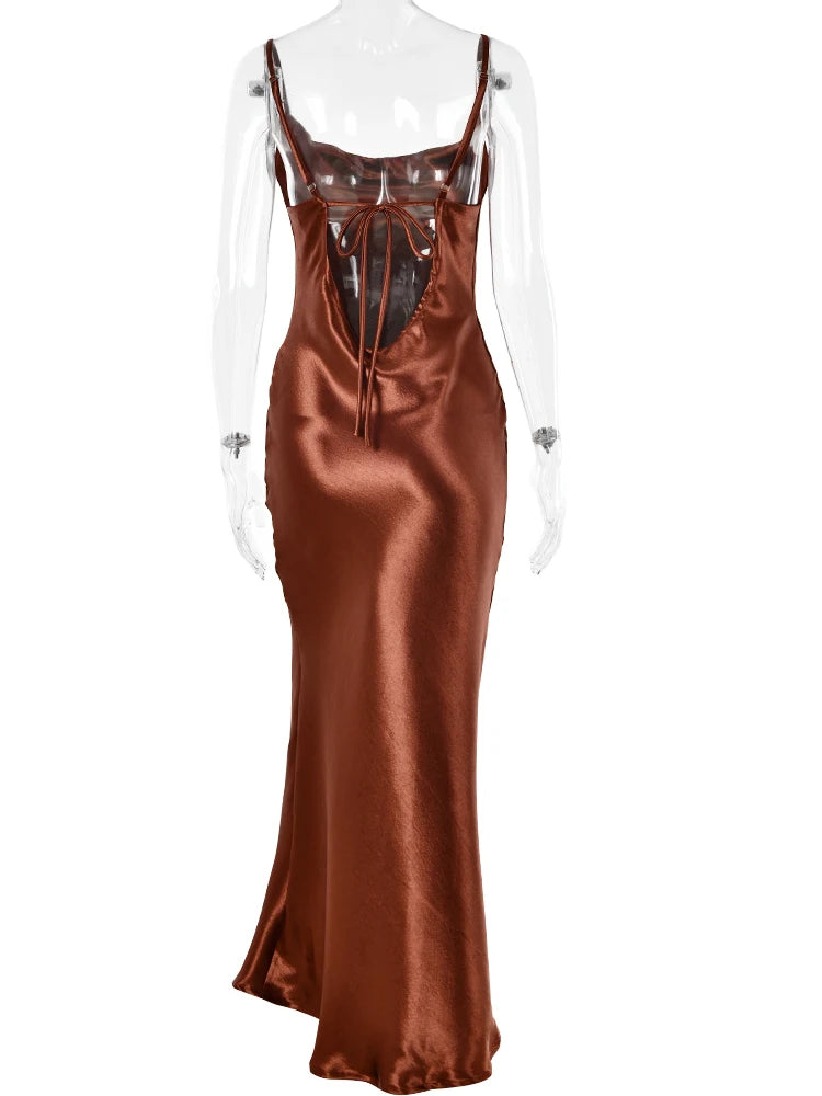 JULISSA MO Elegant Spaghetti Kleid - Rückenfrei Satin Maxi