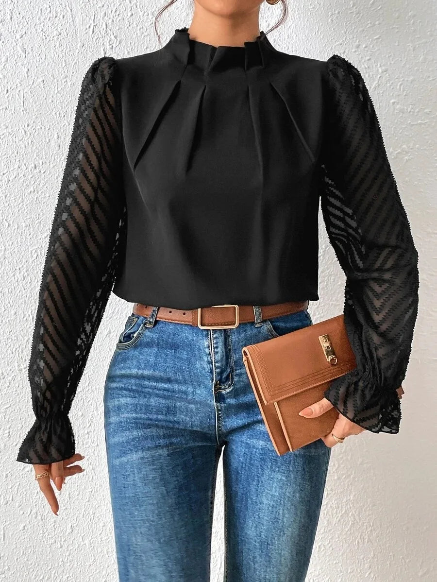 Elegant Ladies Office Shirt Tops Fashion Pleated Lace Long Sleeve T-Shirts Chiffon Shirts Casual Slim Mock Neck Blouse For Women