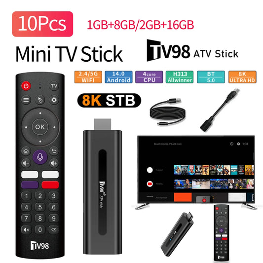 TV98 ATV H313 Mini TV Stick 8K 2.4G 5G WiFi Quad Core BT5.0 Android TV Stick 14.0 Set Top Box for Network Media Player