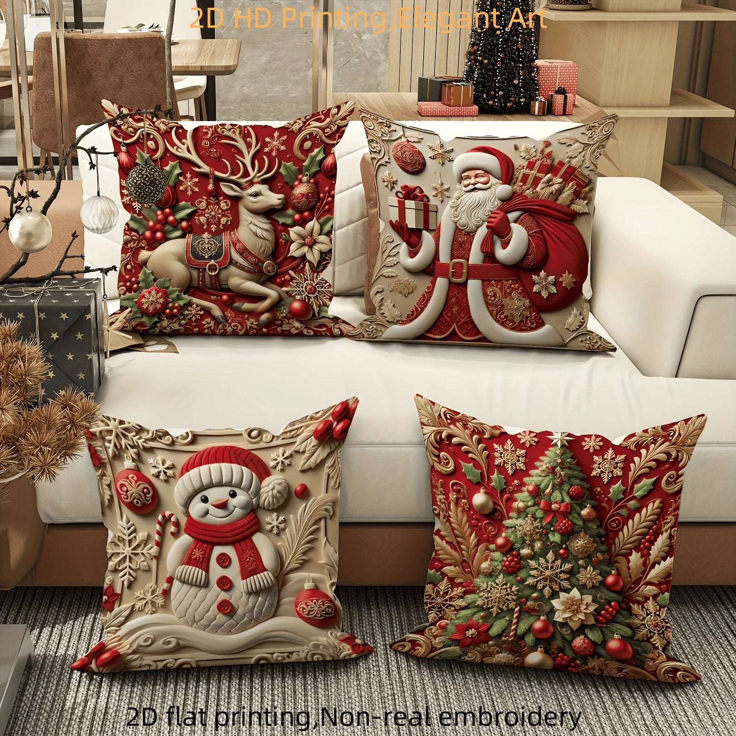 4pcs Christmas Pillow Covers, Red Gold Santa Reindeer Snowman Print, 2D Flat Polyester, for Festive Living Room Decor