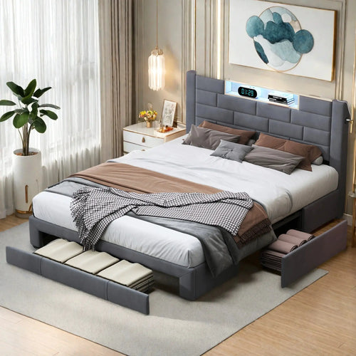Anajqaqia Polsterbett Grau Samt Mit Stauraum LED Beleuchtung