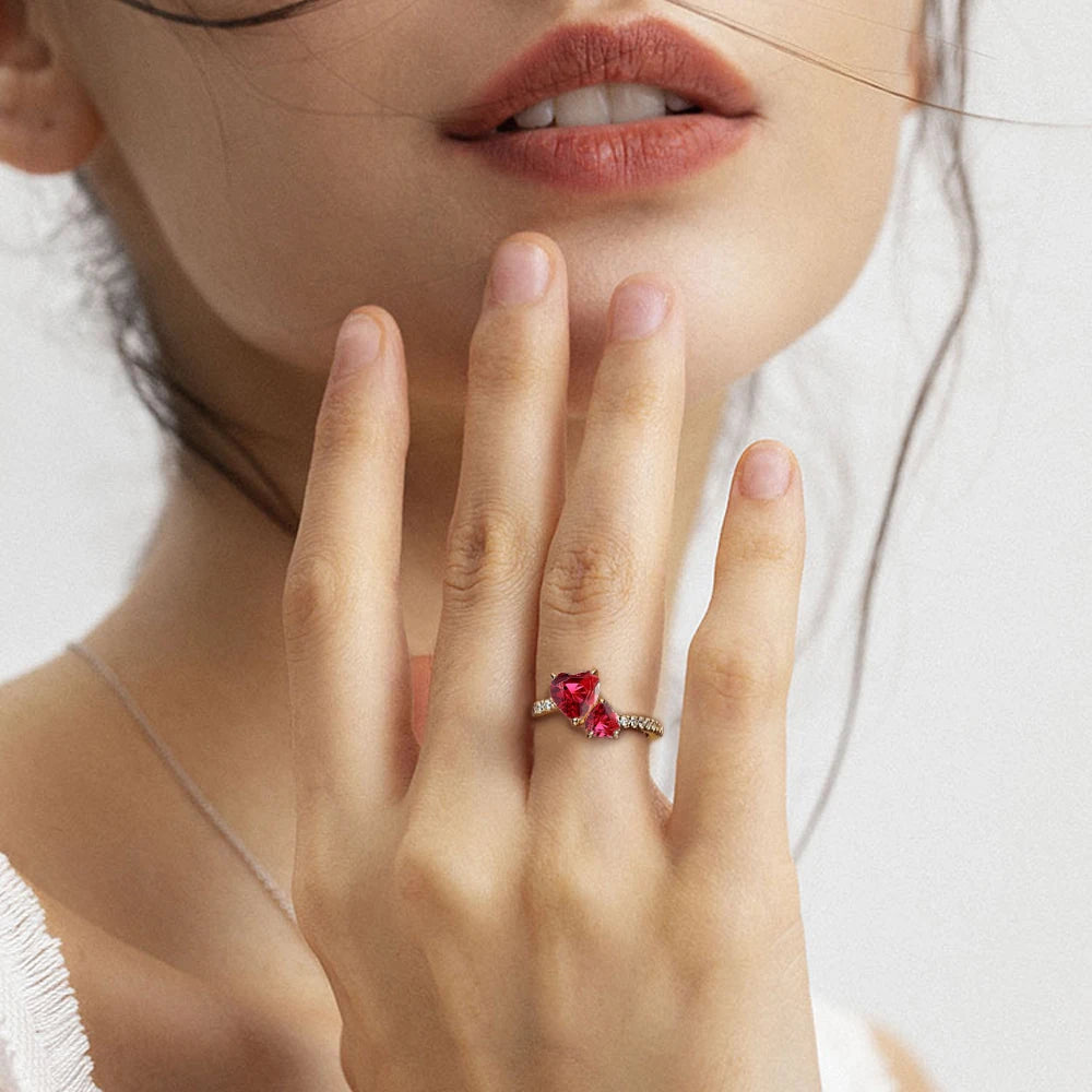 New 925 Silver Shining Red Double Love Ring Zircon Original S925 Finger wedding Ring DIY Women Fine Jewelry Gift