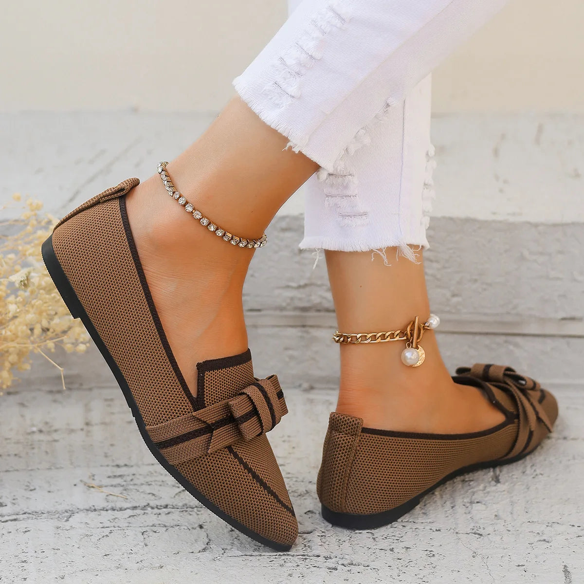 Women Flats 2024 New Knitted Slip Breathable Comfortable Solid Color Shoes Casual Pointed Toe Walking Loafers Sneakers Women