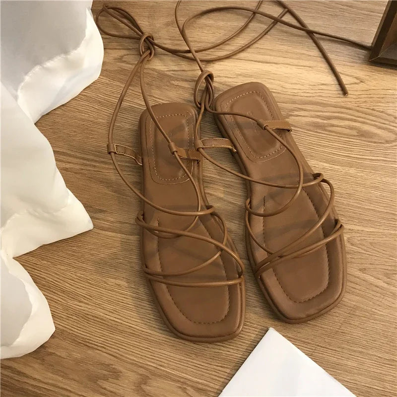 Summer Shoes Women Sandals Narrow Band Vintage Square Toe Flat Cross Strap Thong Sandals V Shape Design Shoes Women