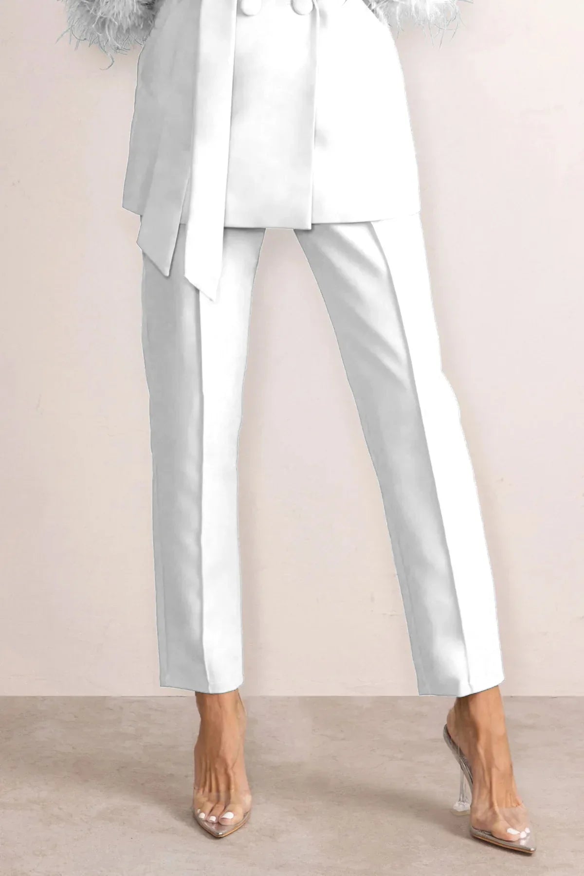 Elegant Women 2 Piece Set Solid Notched Neck Blazer Zipper Long Pants Feather Upright Coat Ladies Suit Fall Winter Office Wear