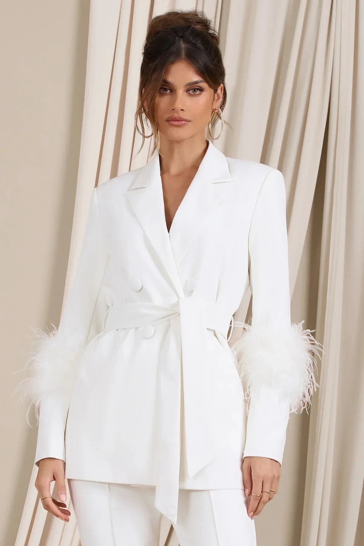 Elegant Women 2 Piece Set Solid Notched Neck Blazer Zipper Long Pants Feather Upright Coat Ladies Suit Fall Winter Office Wear