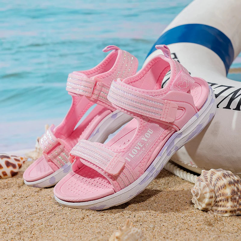 Sandalen Mädchen 2025 - Weiche Sohlen Casual Schuhe Modische Prinzessin - Neue Blumen Rosa Flache Schuhe Rutschfest Strand Kinder 7-13J