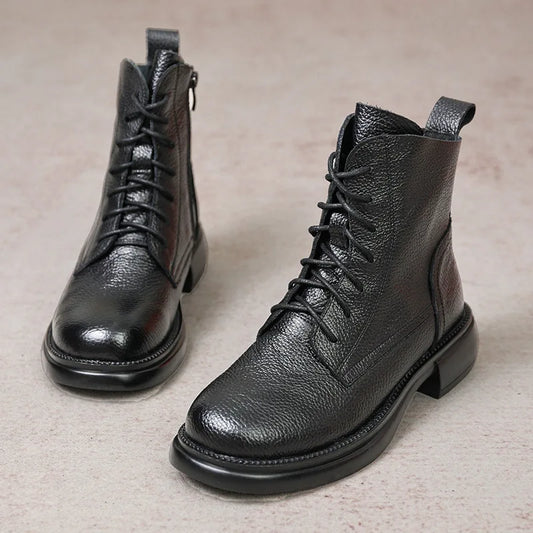 Frühling Dame Knöchel Stiefel 2025 - Echtes Kuh Leder Platform Schuhe - Frauen Winter Jugend Mädchen Weiche Sohle Dicke Absatz Ritter Schnee Stiefel