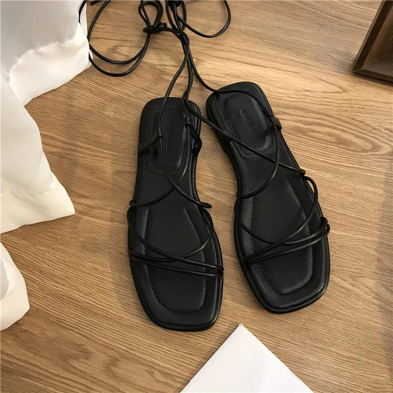 Summer Shoes Women Sandals Narrow Band Vintage Square Toe Flat Cross Strap Thong Sandals V Shape Design Shoes Women