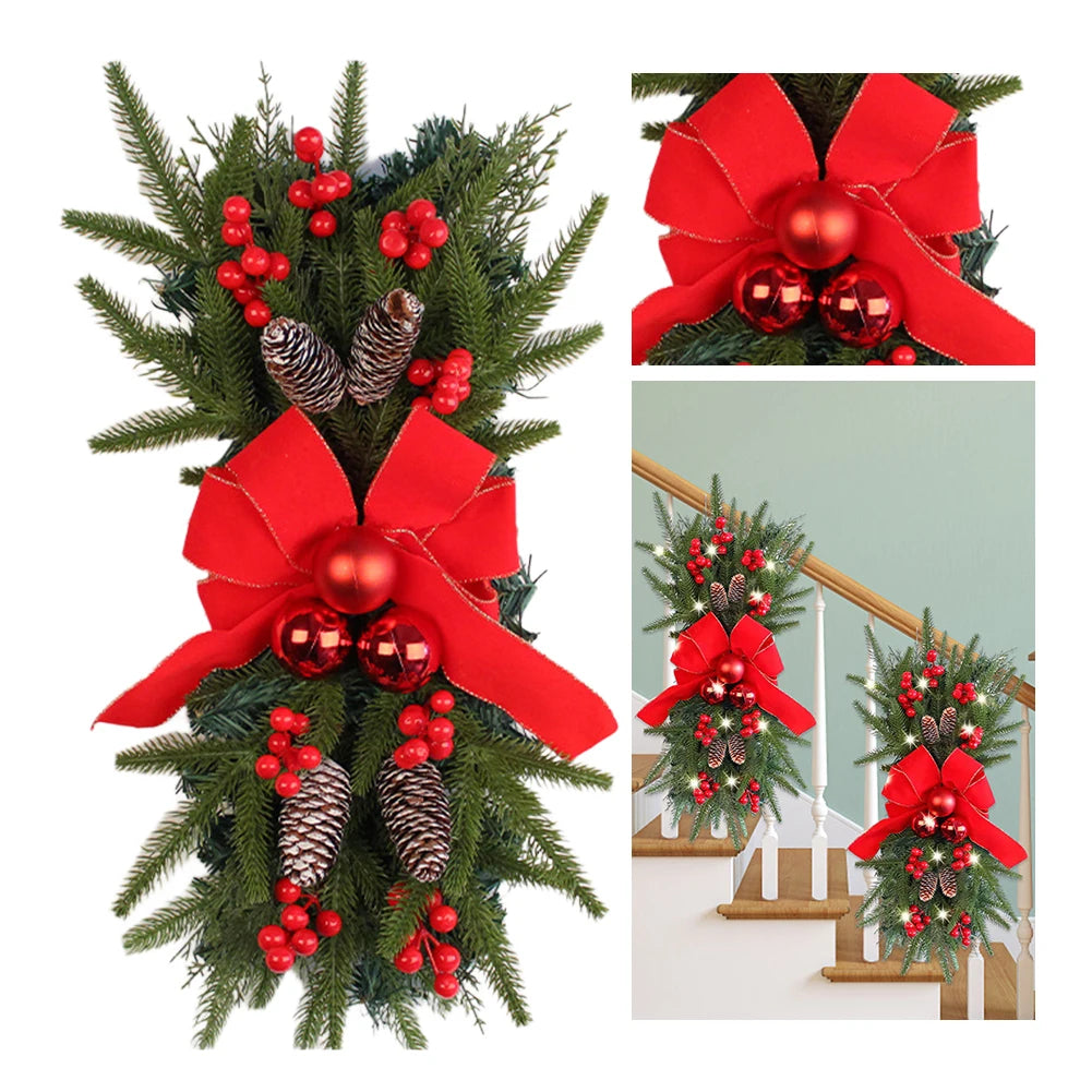 2 Stück Weihnachts-Swag mit roter Schleife, 45,7 cm, zum Aufhängen, Weihnachts-Tropfen-Swag, künstlicher Weihnachtskranz für Treppen- und Haustür-Dekoration