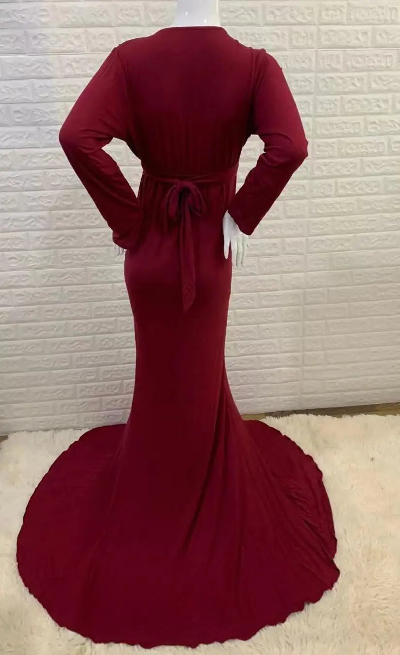 Women's Spring Autumn Maternity Dress Elegant Slim V-Neck Long Sleeve Mermaid Maxi Gowns for Photography Baby Shower Photoshoot