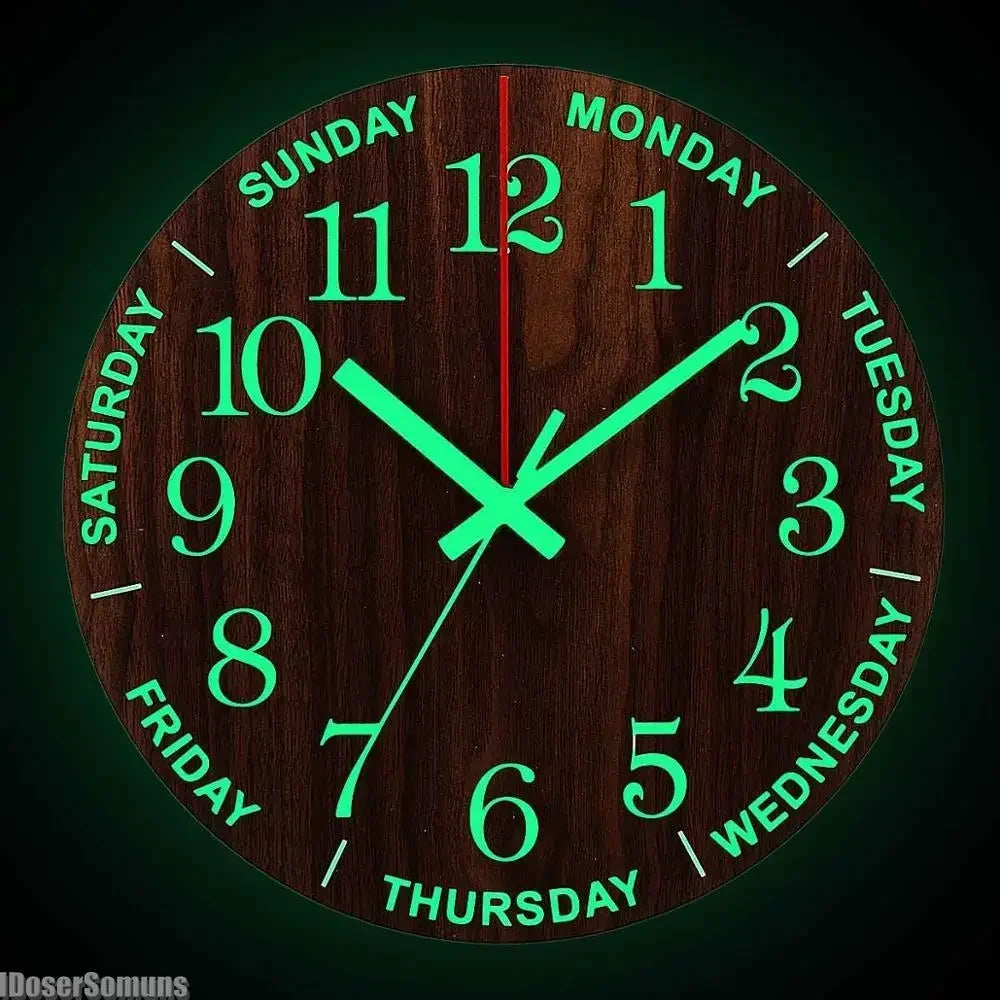 Nordic 12 Inch Luminous Wall Clock Wood Silent Light in Dark Night Fashion Wall Clock Non Ticking Clock with Night Light