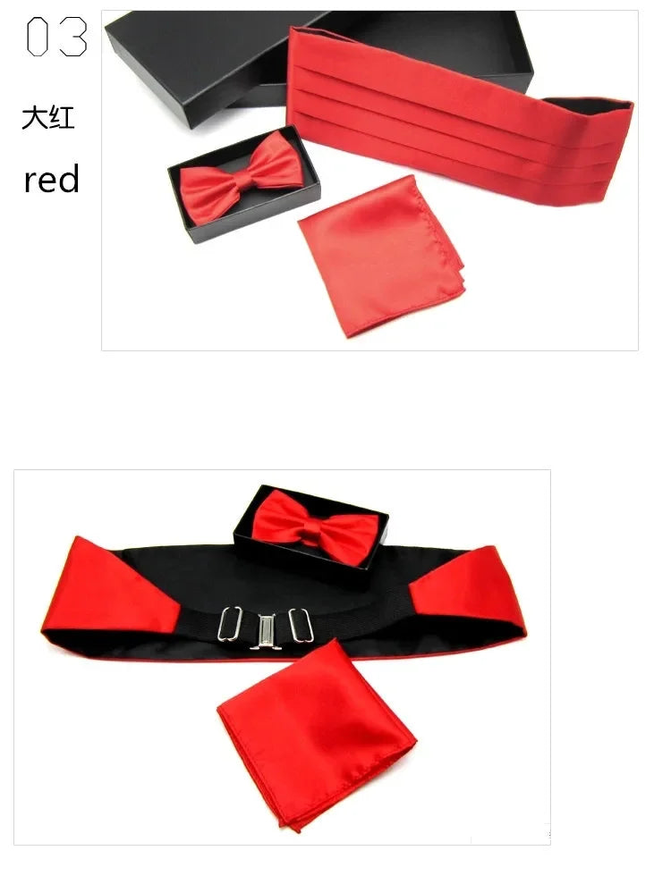 Mens Wedding Tuxedo Bow tie Set Cummerbund Hanky Pocket Towel Black Red White Silver Solid Bowtie Cravat