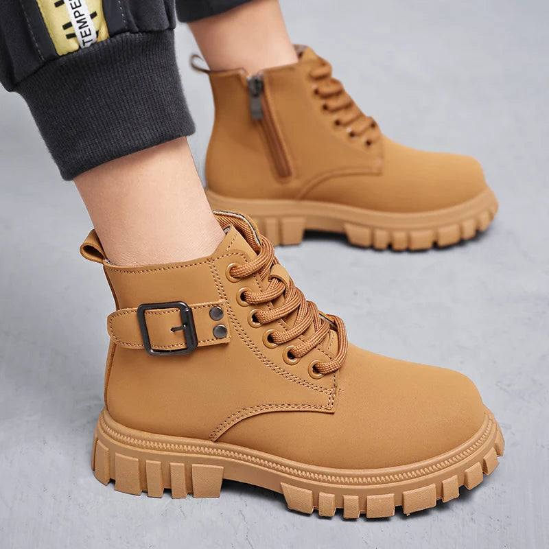 Herbst Mädchen Schnee Stiefel Mode Weiche Pu Leder Retro Britischen Stil Kinder Casual Schuhe Luxus Im Freien Nicht-slip Kinder stiefel