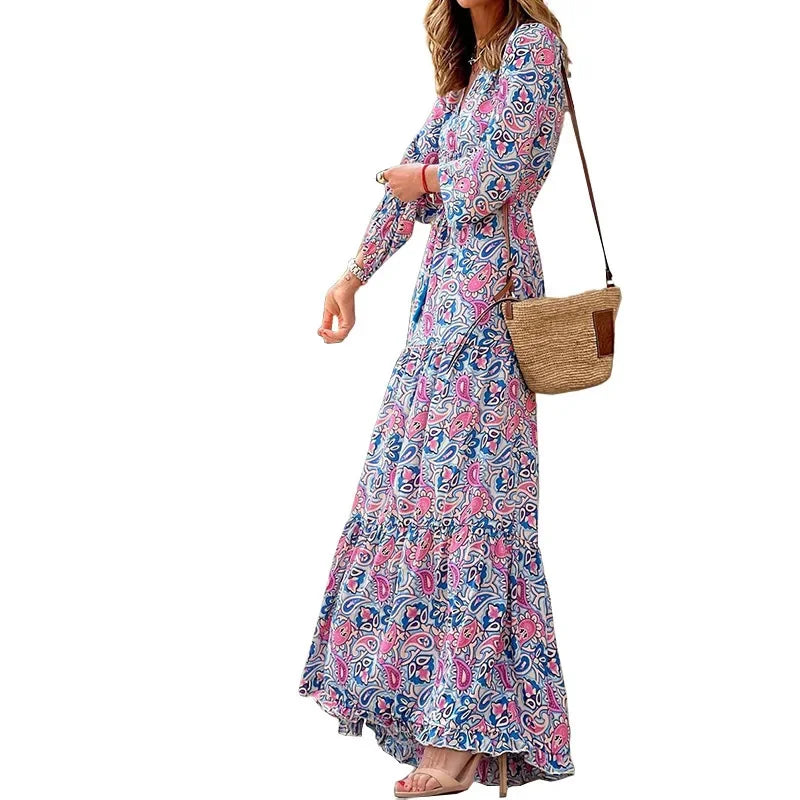 Elegant Women's Flower Long Dresses 2025 Spring New Bohemian Printed Dress Abıye Kadın Abiye Платье Robe Ete Femme Vestidos