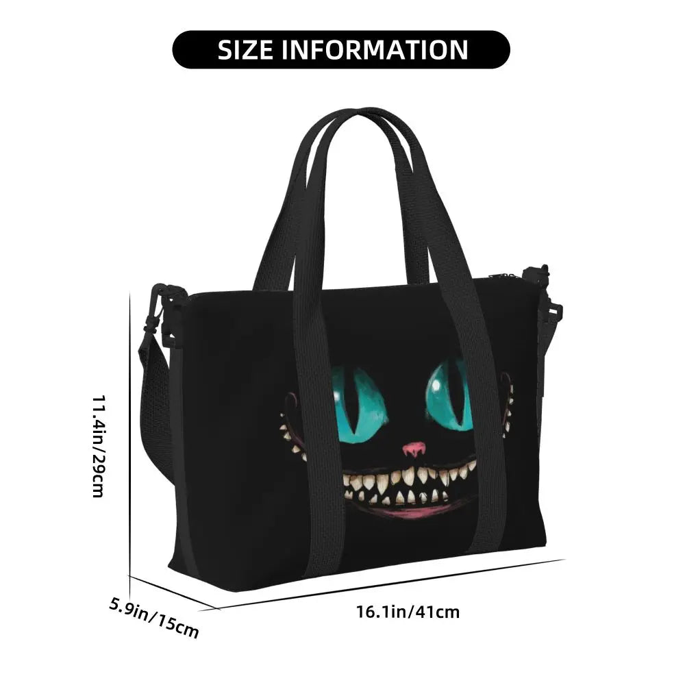 Custom Cheshire Cat Beach Tote Bag for Women We're All Mad Here Cat Big Compartment Gym Beach Travel Bags