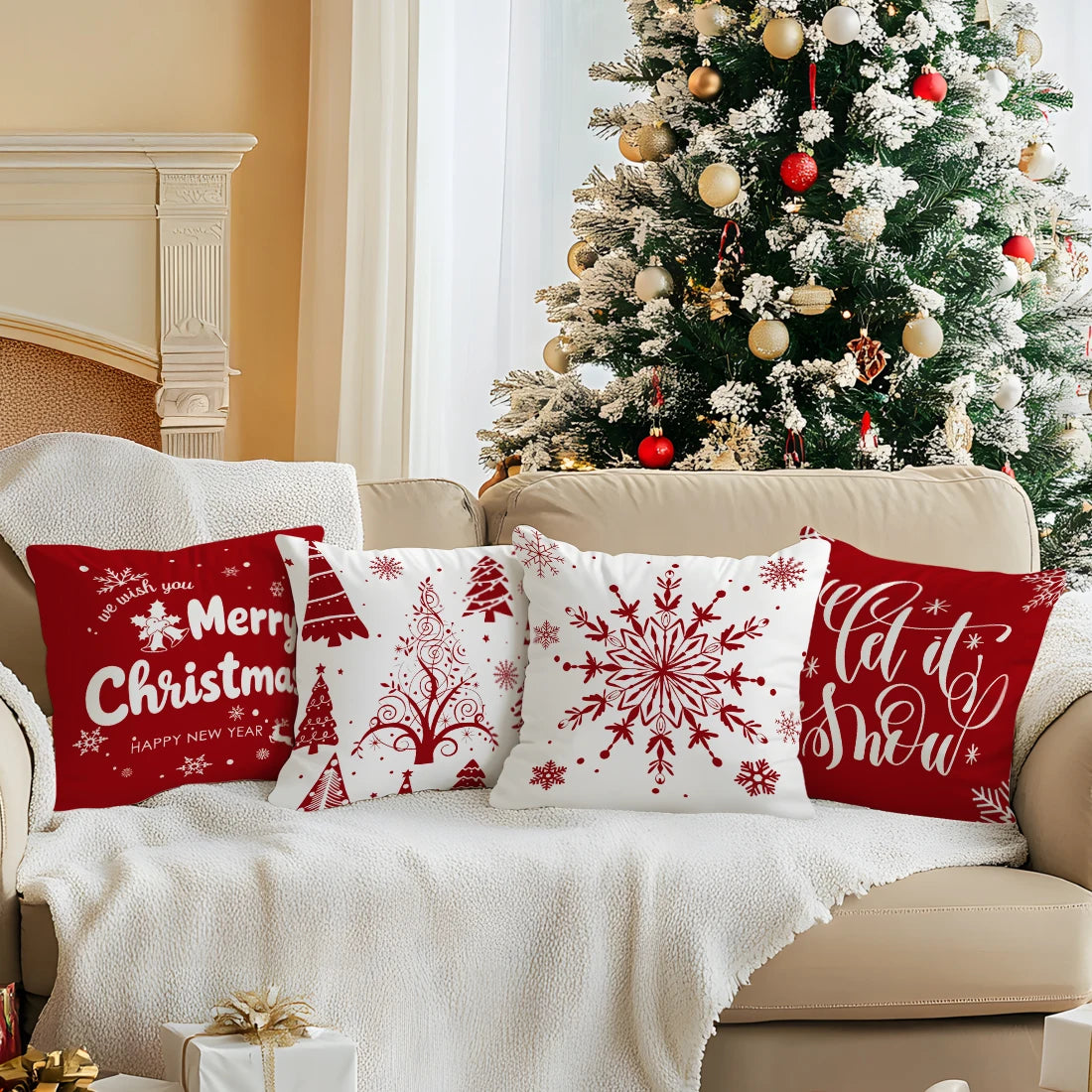 Red Christmas Decoration Pillowcase Printed Polyester 40/45/50cm Throw Pillowcover Decorative Sofa Cushion Pillowslip Home Decor