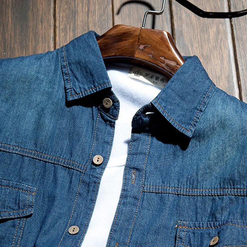 Fashion Classic Retro Jeans Shirt with Pocket Slim Fit Tops Men Clothing for Spring Men's Long Sleeve Denim Shirt Blue MY850