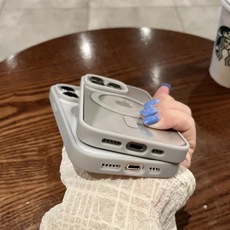 Luxury safe transparent case for iphone,Wireless charge magnetic bumper cover