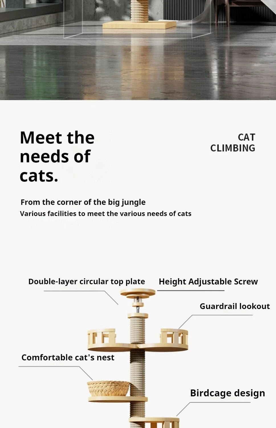 Cat Tower Cat Tree  Adjustable Multi-Function Floor To Ceiling Wooden House Tower For Large Cats With Large Cat Accessories