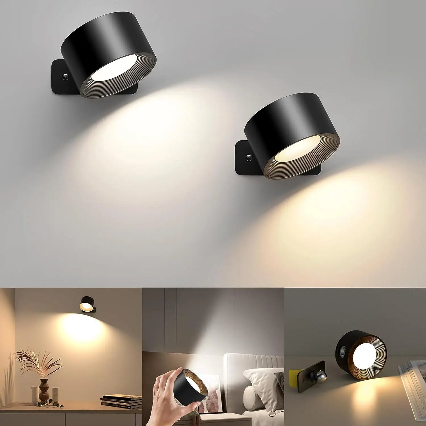2PC Wandlicht Batteriebetriebene Lichter Rechargeable Wandarmaturen 360 Grad Frei Drehbarer Magnetball 3 Helligkeitsstufen