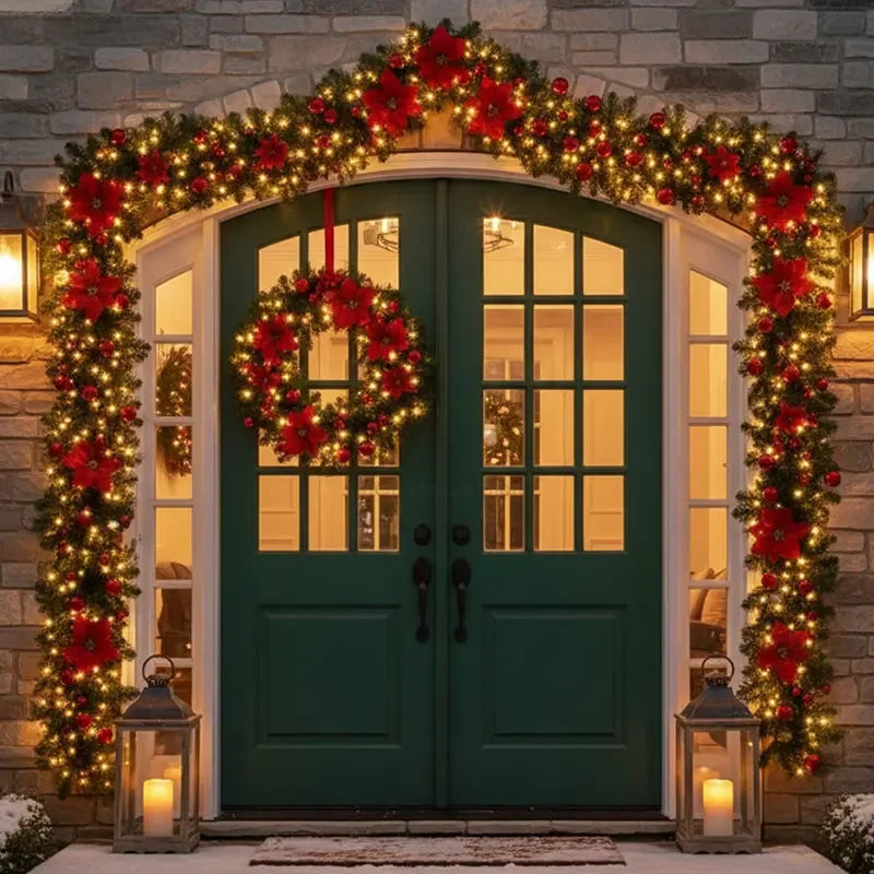 Weihnachts-LED-Rattan-Girlande, 270 cm künstlicher Kranz mit Lichtern für Weihnachtsbaum, Haustür, Kamin, Treppen, Zuhause, Party-Dekoration