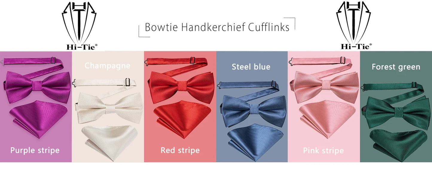 Hi-Tie Peach Pink Salmon Silk Mens Bow Tie Pocket Square Cufflinks Set Pre-tied Butterfly Knot Bowtie for Male Wedding Business