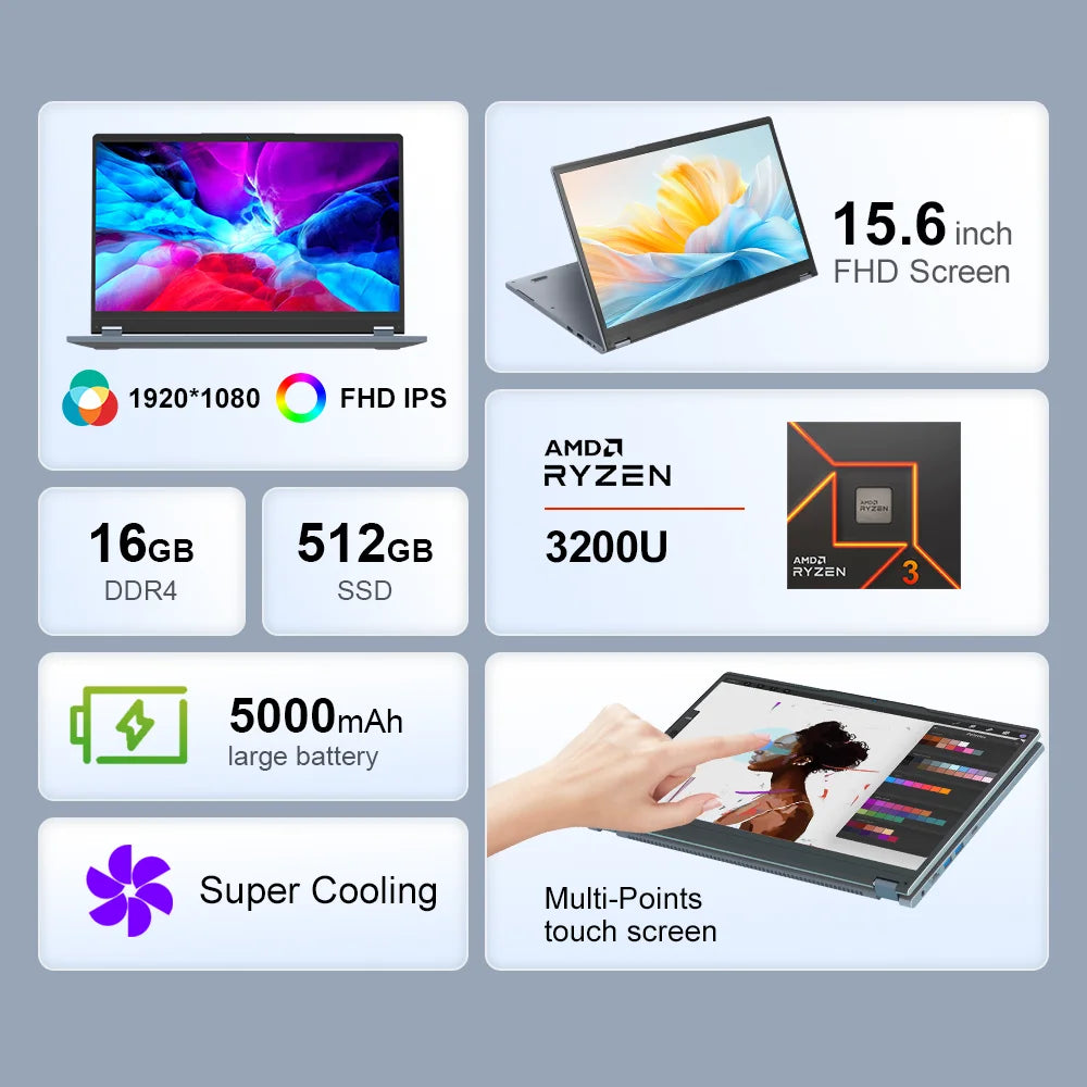 Ninkear ybook15 cu rabatare la 360° - 16 GB RAM, 2,6 GHz, 15,6 inci