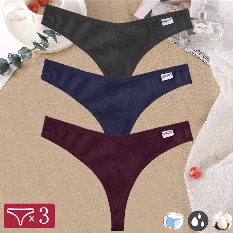 finetoo Damen Strings 2025 - 3er-Set Baumwoll-Strings V-Bund einfarbig & atmungsaktiv