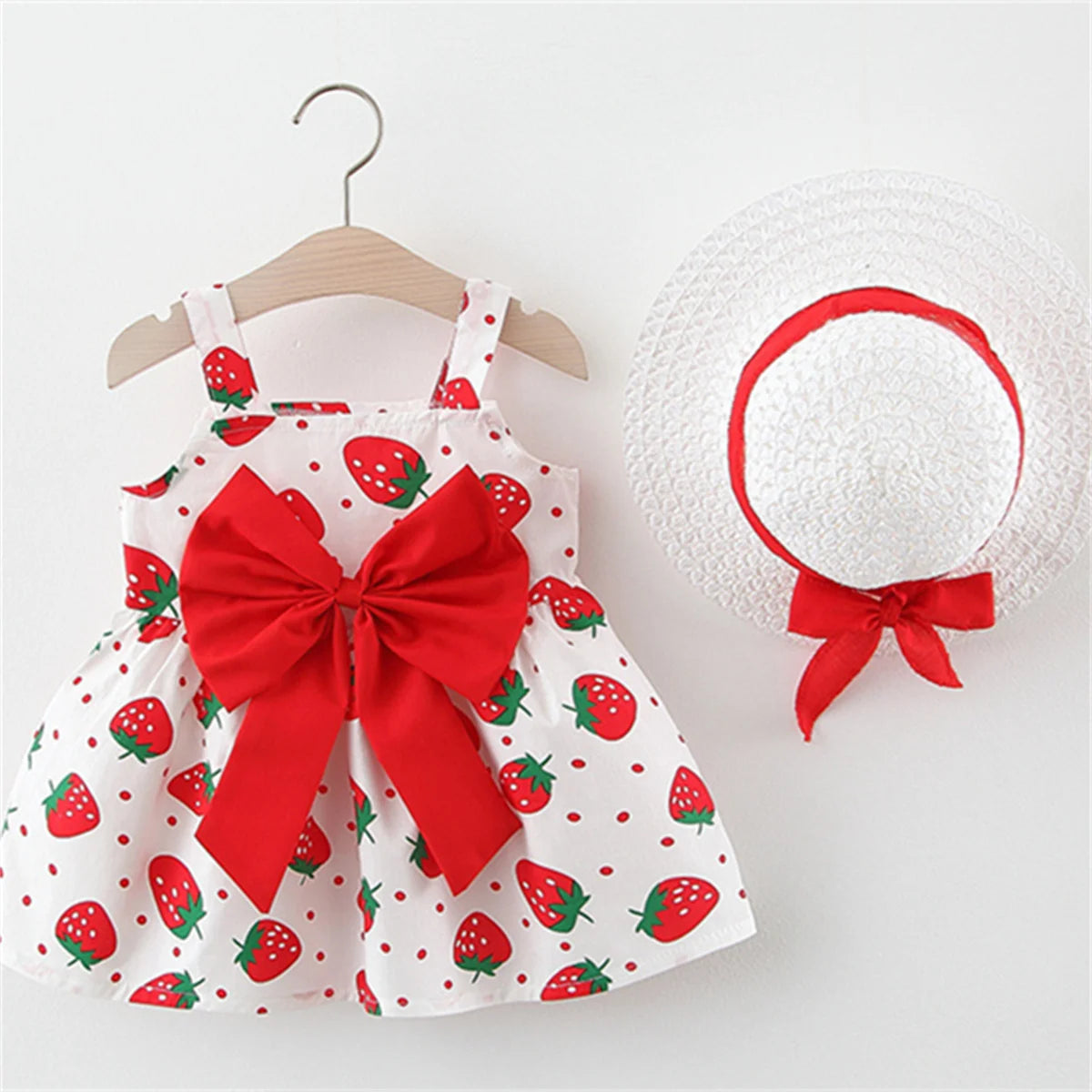 Summer Baby Girl's Dress Small Round Dot Strawberry Print Chest Bow Daily Casual Dress with Hat