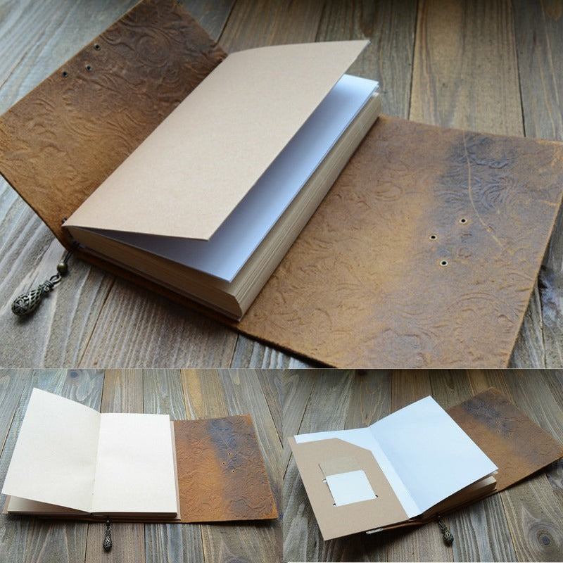 Embossed Pattern Soft Leather Travel Notebook with Lock and Key Diary Notepad Paper for Business Sketching & Writing