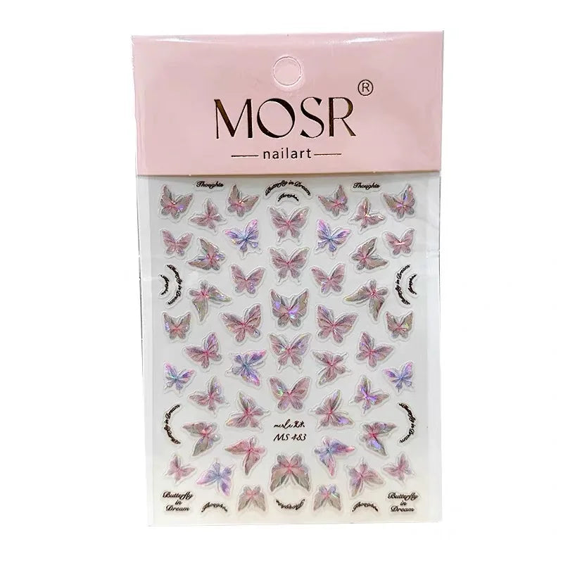 Pink Purple Aurora Shell Butterfly Nail Stickers Shiny Laser 3D Butterflies Nail Decals 8*10cm Adhesive Aurora Shell Butterfly N