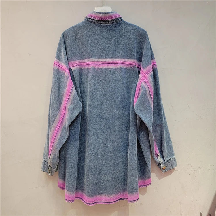Blue Print Denim Shirt Jacket Women Loose Casual Fashion Tops European Station 2024 Autumn New Streetwear All-Matching Blouse