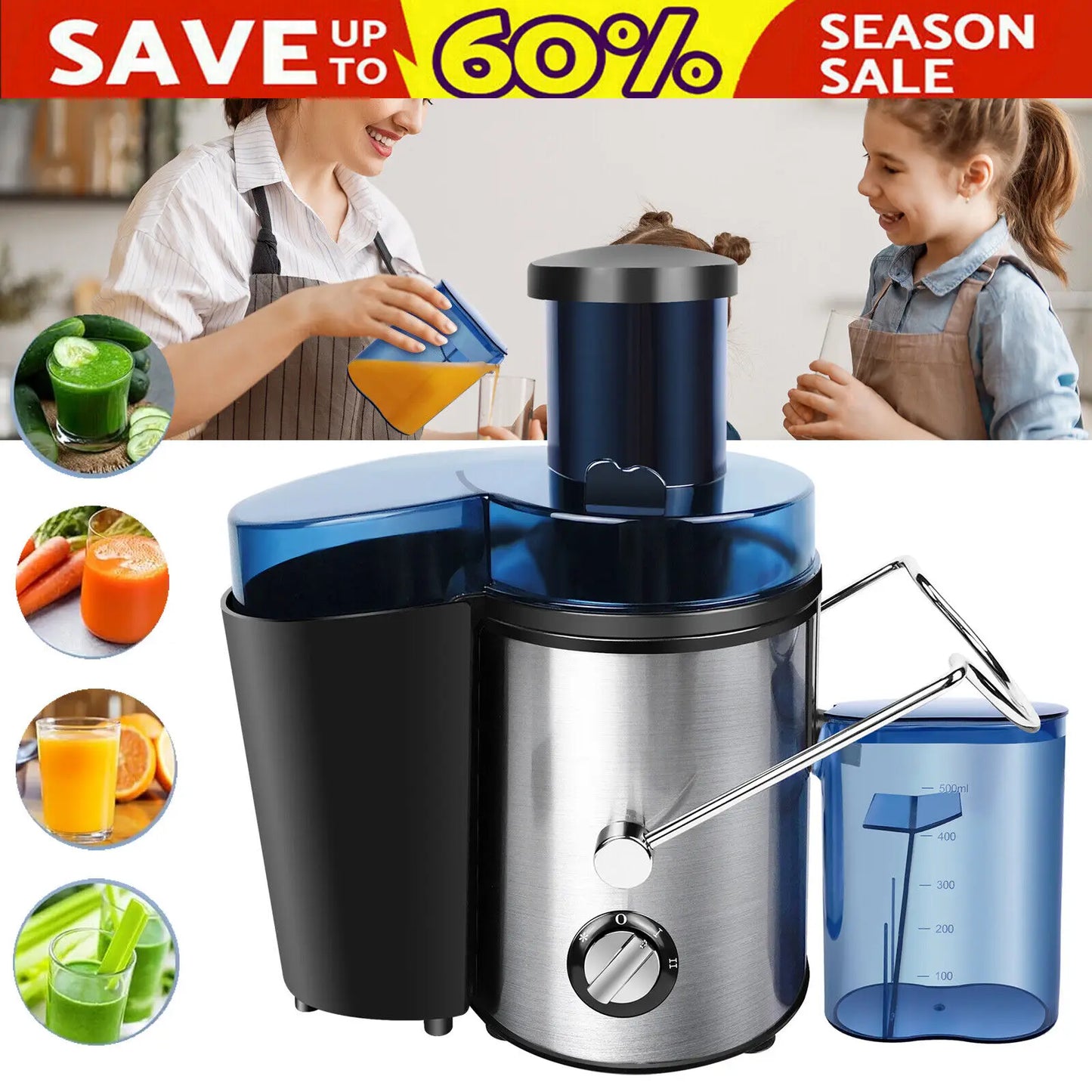 900W Zentrifugal-Saftor - Für ganze Früchte und Gemüse, 65mm breite Öffnung, 2 Geschwindigkeiten, 500ml Kapazität