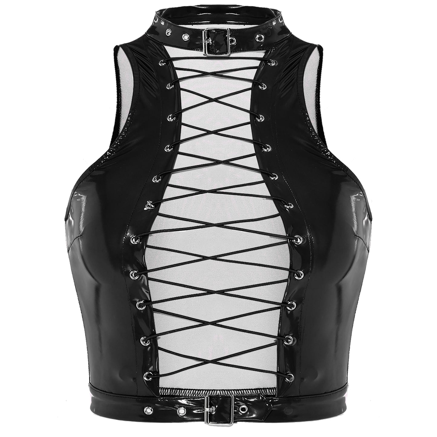 Womens Glossy Patent Leather Latex Vest Tops Rave Outfit Clubwear Glossy Corset Waistcoat Notch Lapel Slim Fit Camisole Crop Top