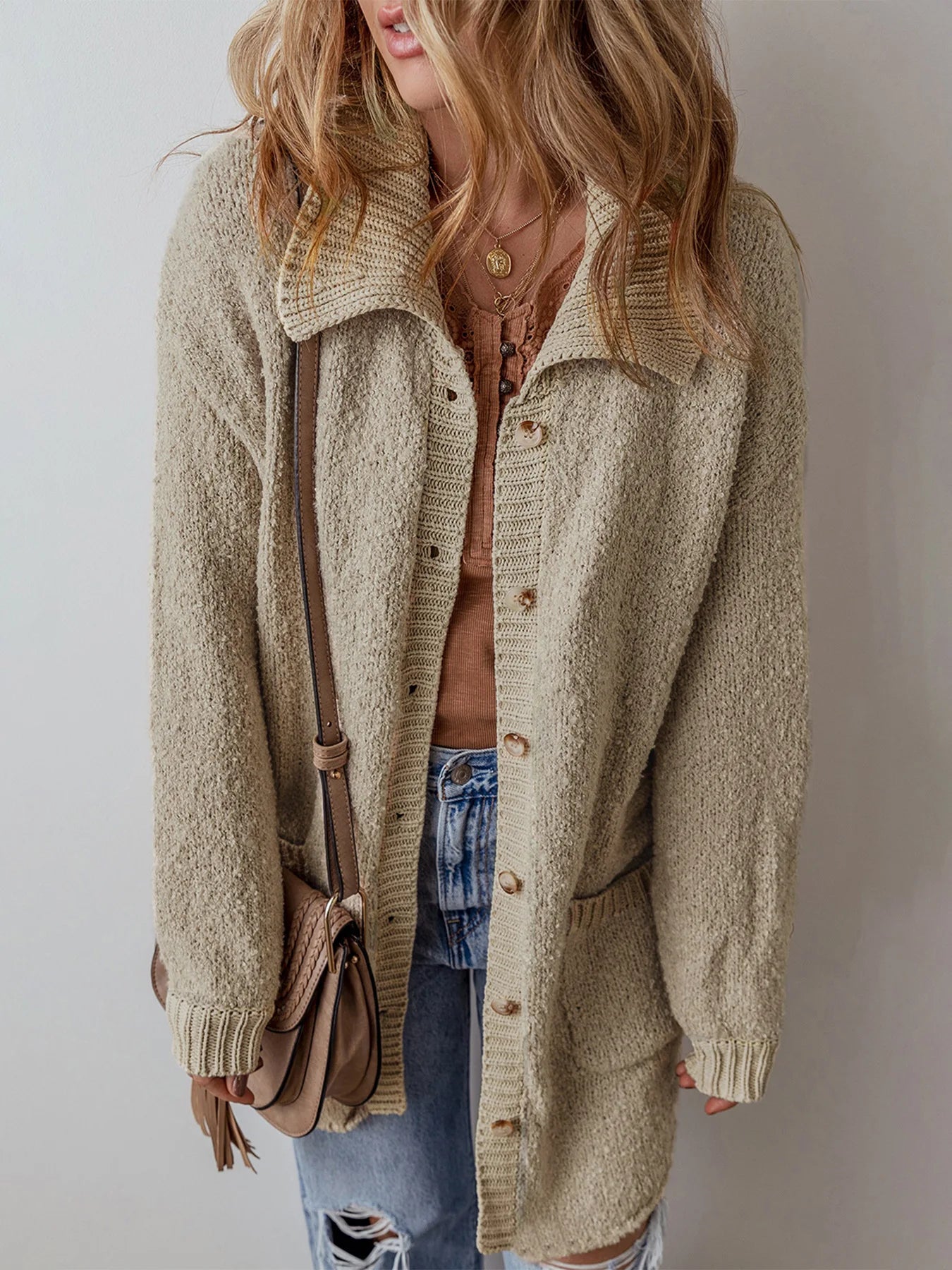 Nowsaa Cardigan Mantel Damen - Einreihig Mit Taschen Turn-Down Kragen - Größe Regular, Gewicht 120–220 g/m2